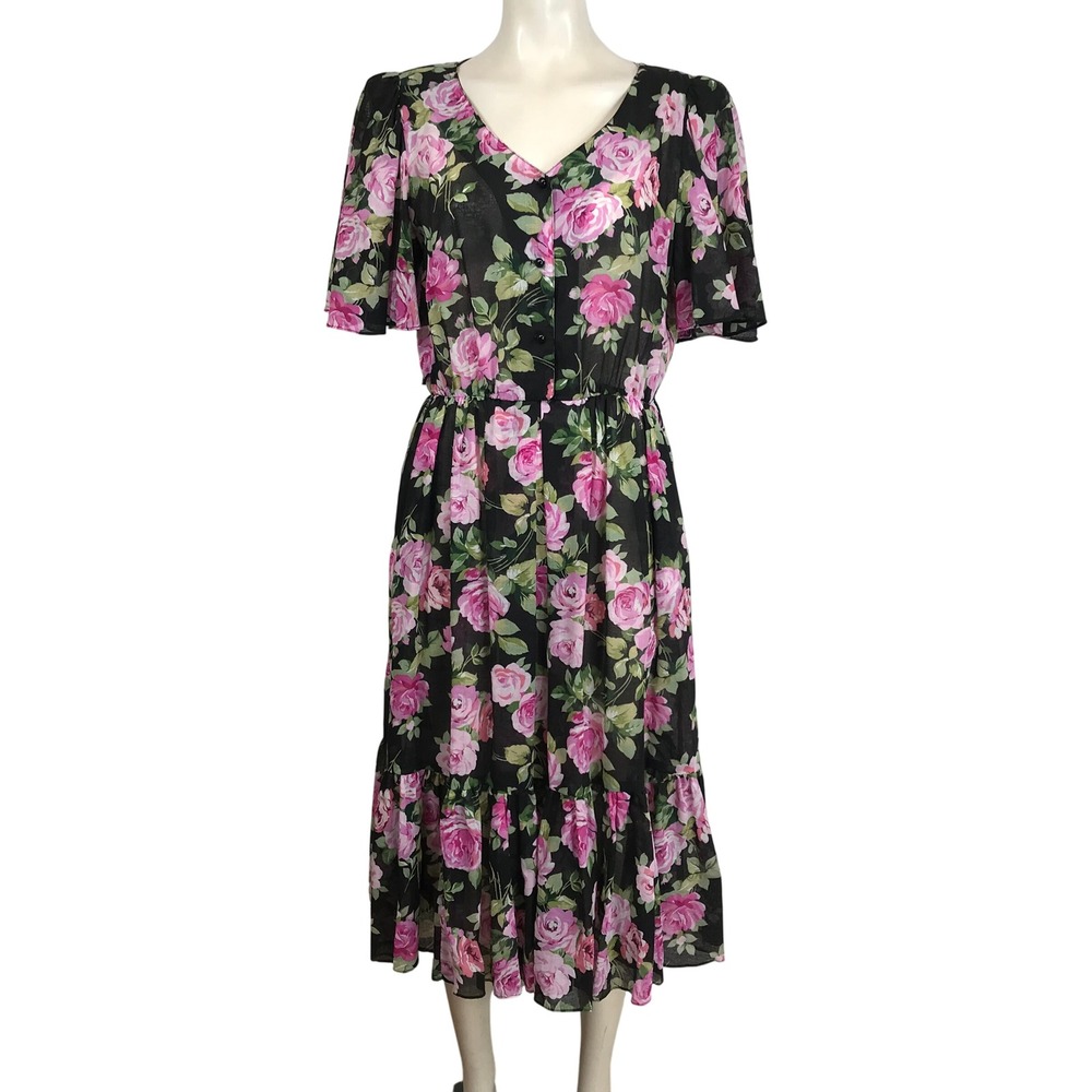 Willi of California Floral Dress Black Pink Print Sheer Flutter Sleeve size 10